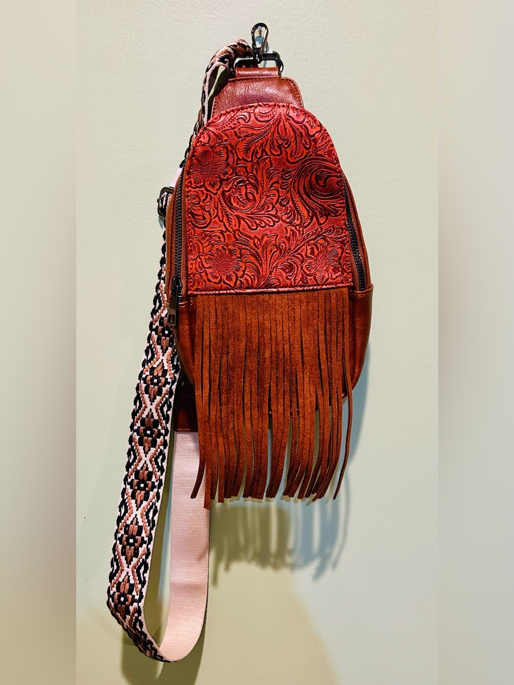 Women's Brown Tooled Fringe Crossbody Bag